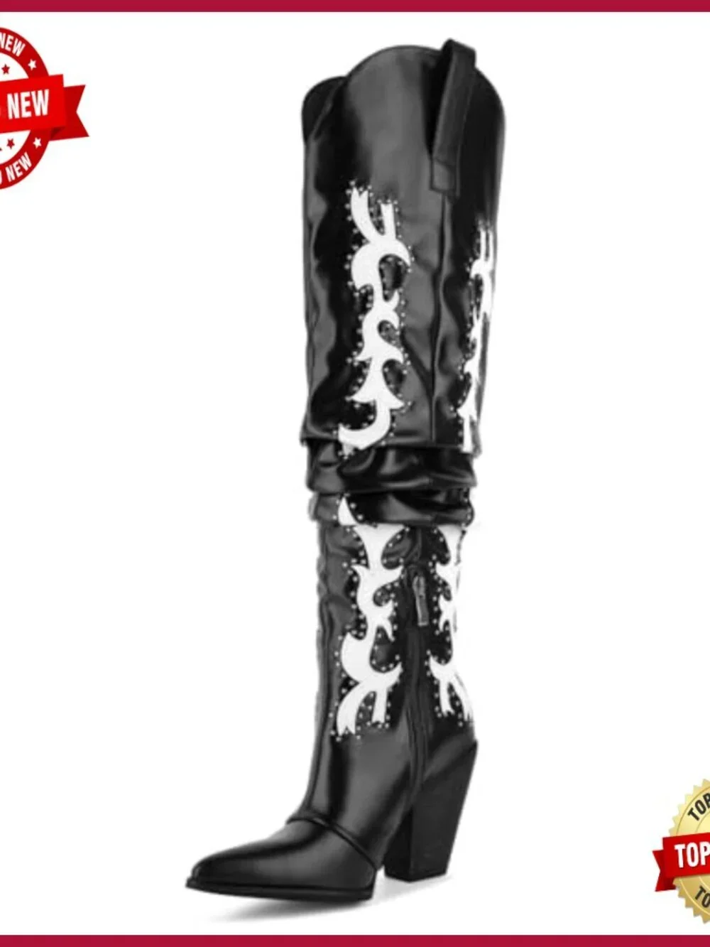 Over the Knee Thigh High Cowboy Boots Studded Slouch Cowgirl Boots